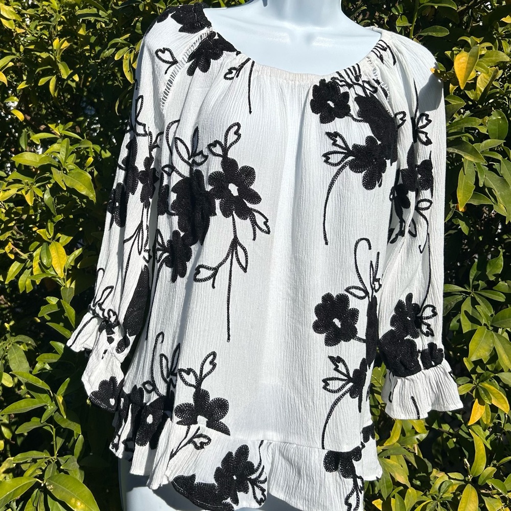 138*.Women's Tunic-White with Black Floral Embroidery, 3/4-Length Sleeves